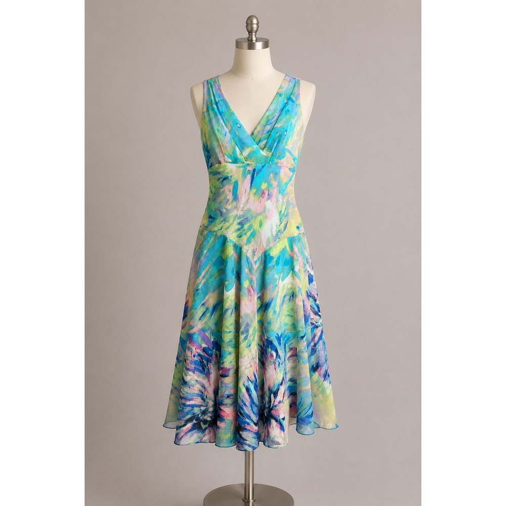 Rabbit Rabbit Rabbit Designs Floral Midi Dress Womens 10 Teal Watercolor Chiffon